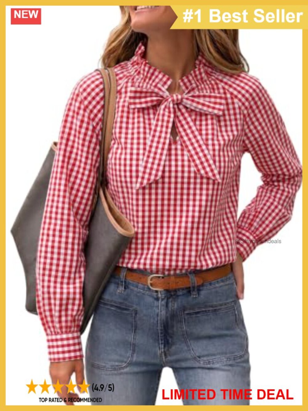 Women's Cotton Plaid Bow Tie Blouse Puff Sleeve Ruffle High Neck Work Top